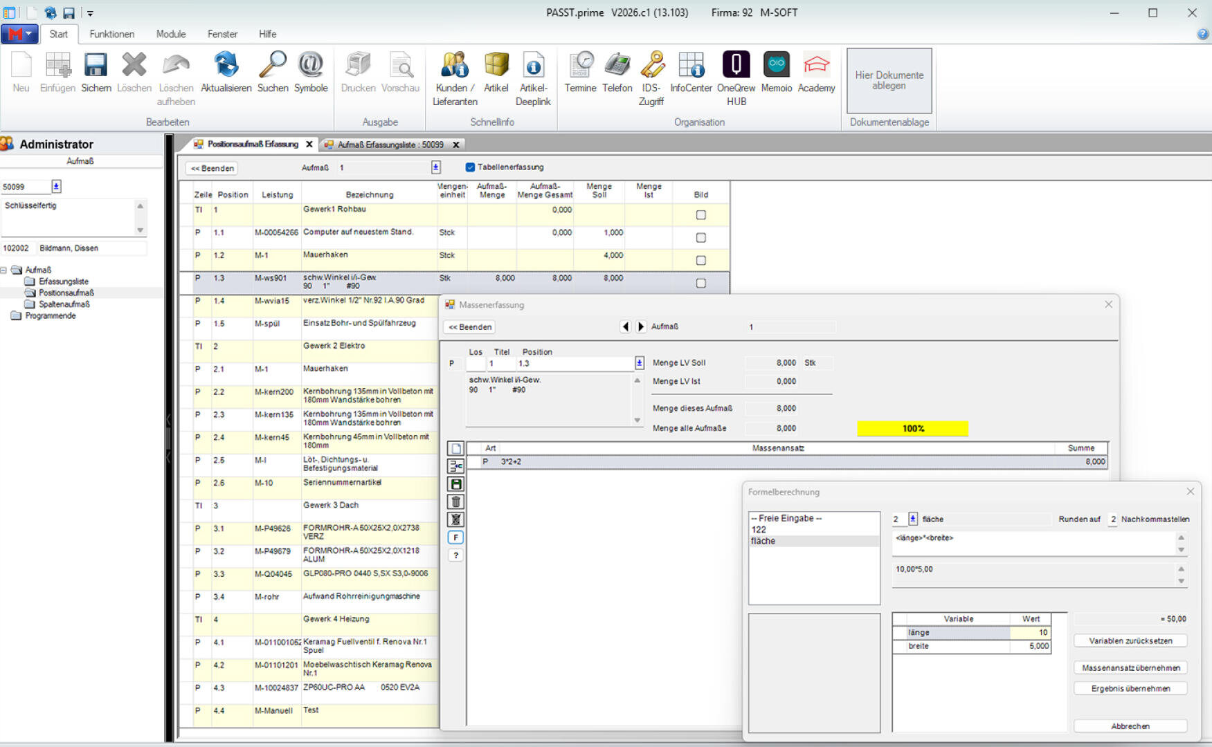 Screenshot einer Benutzeroberfläche einer deutschen Unternehmenssoftware, die Tabellen mit Projektdaten, Artikellisten und Kalkulationsfenstern anzeigt, einschließlich Optionen zur Bearbeitung von Details, Mengen und Preisinformationen. Mehrere sich überlappende Fenster sind sichtbar.