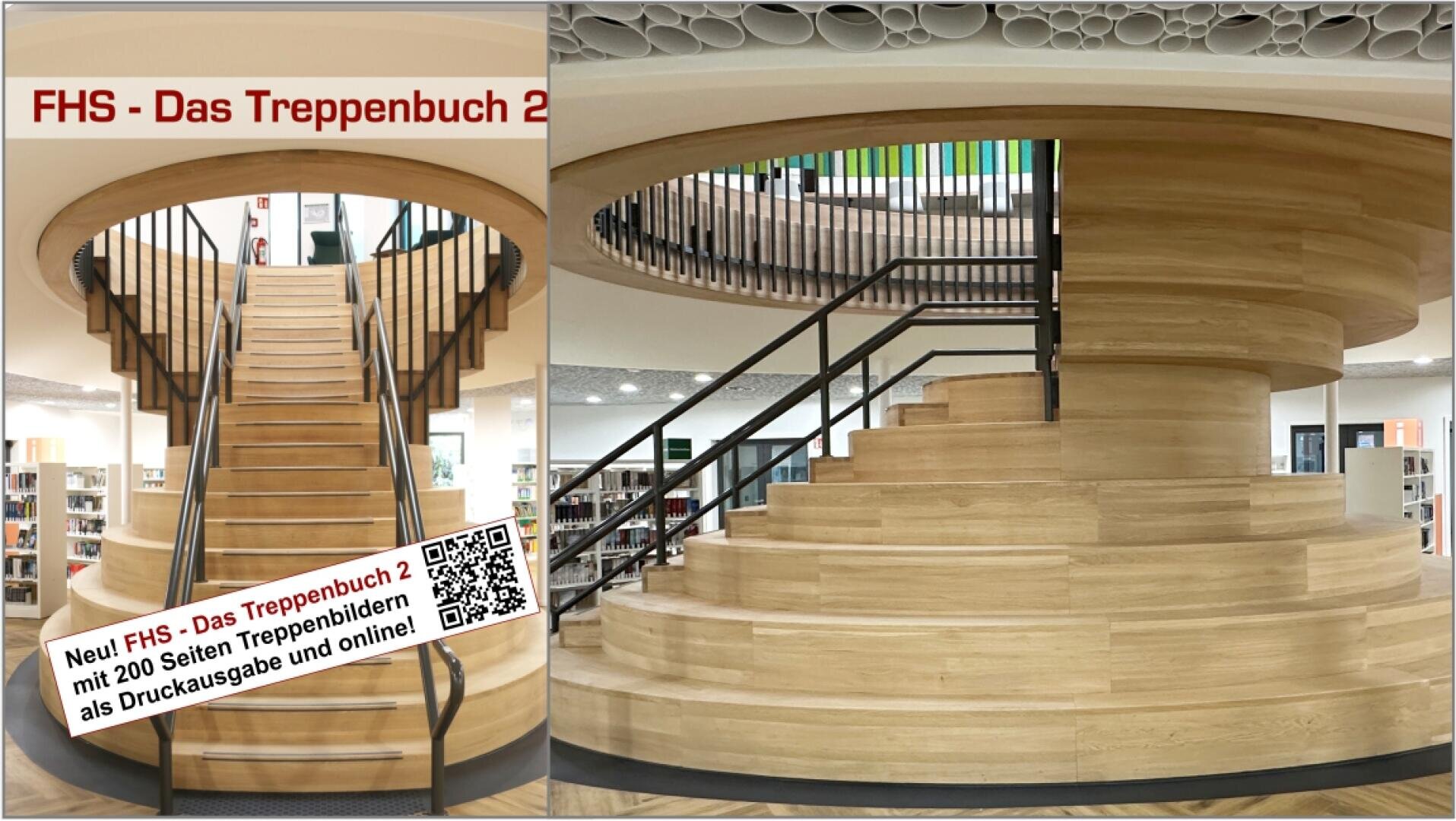 Split image showing a large, round wooden staircase in a library. Left side: Staircase seen from below, with a sign about a new staircase book. Right side: Side view with the spiral shape and bookshelves in the background.