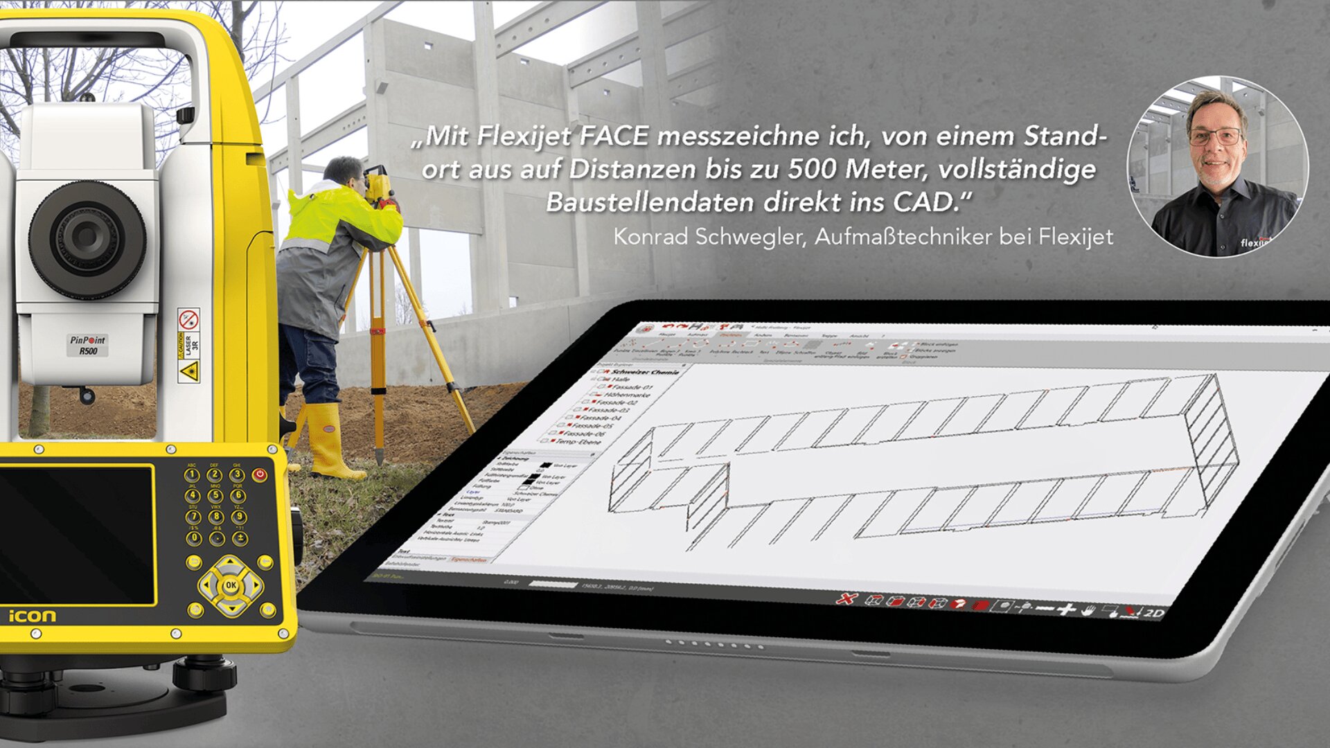 Ein Vermesser nutzt eine gelbe Totalstation auf einer Baustelle. Im Vordergrund zeigt ein Tablet ein 3D-CAD-Modell. Oben rechts sind ein deutsches Zitat und das Porträt eines Mannes zu sehen.