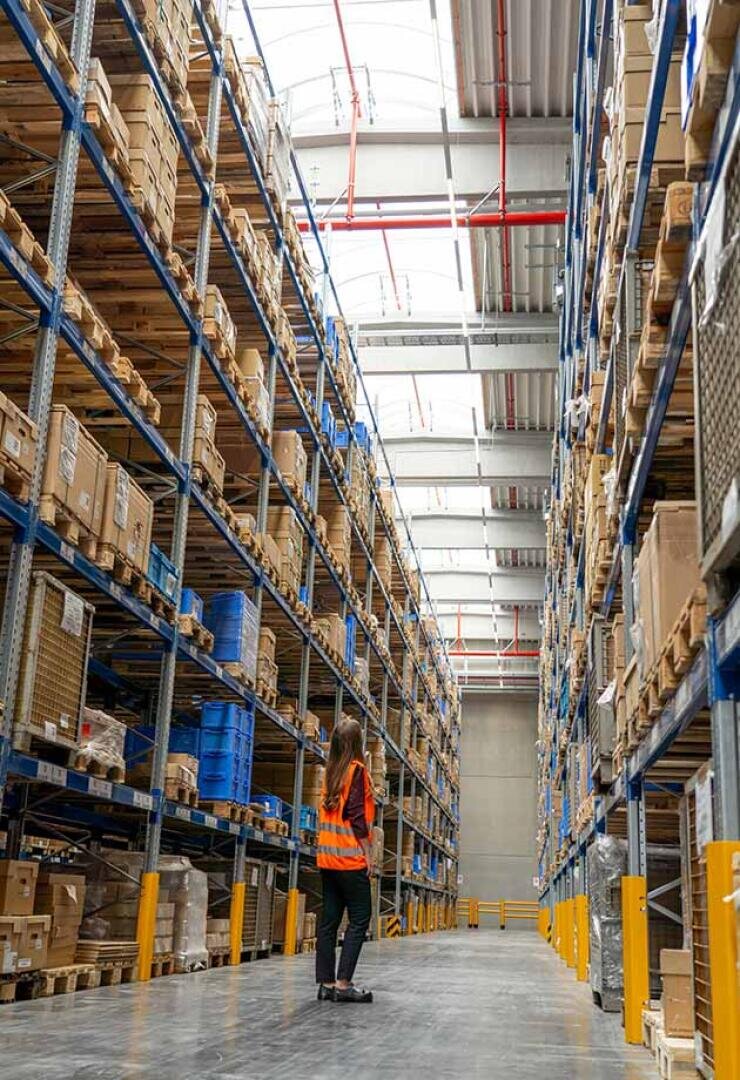 A woman wearing a high-visibility vest stands in a large warehouse aisle, surrounded by high shelves of boxes and parcels under a bright, light-flooded ceiling.