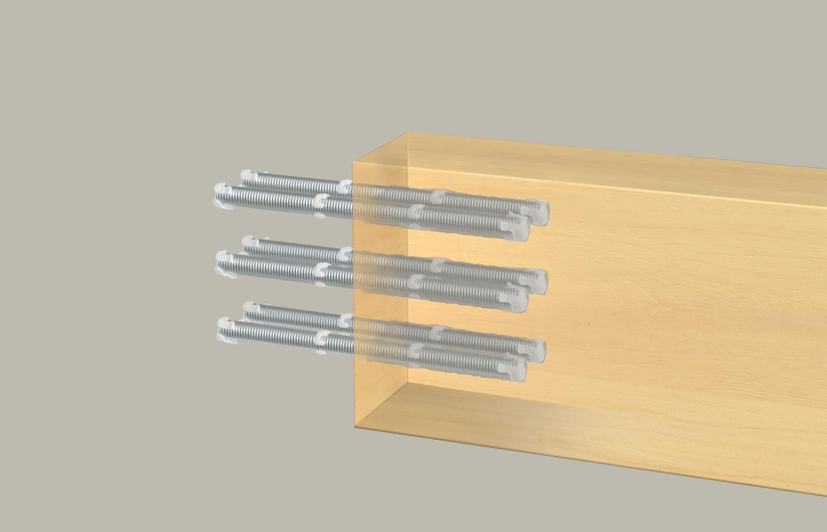 Eine digitale Abbildung zeigt einen Holzblock mit drei Paaren langer Metallbolzen, die in zwei Reihen horizontal in die Seite eingesetzt sind. Die Bolzen erscheinen teilweise transparent, um ihre Position im Holz zu verdeutlichen.