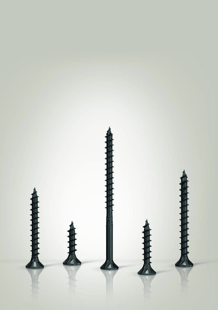 Five black screws of different heights are arranged upright in a row on a smooth, light-colored surface with a neutral gray background. The highest screw is in the center.