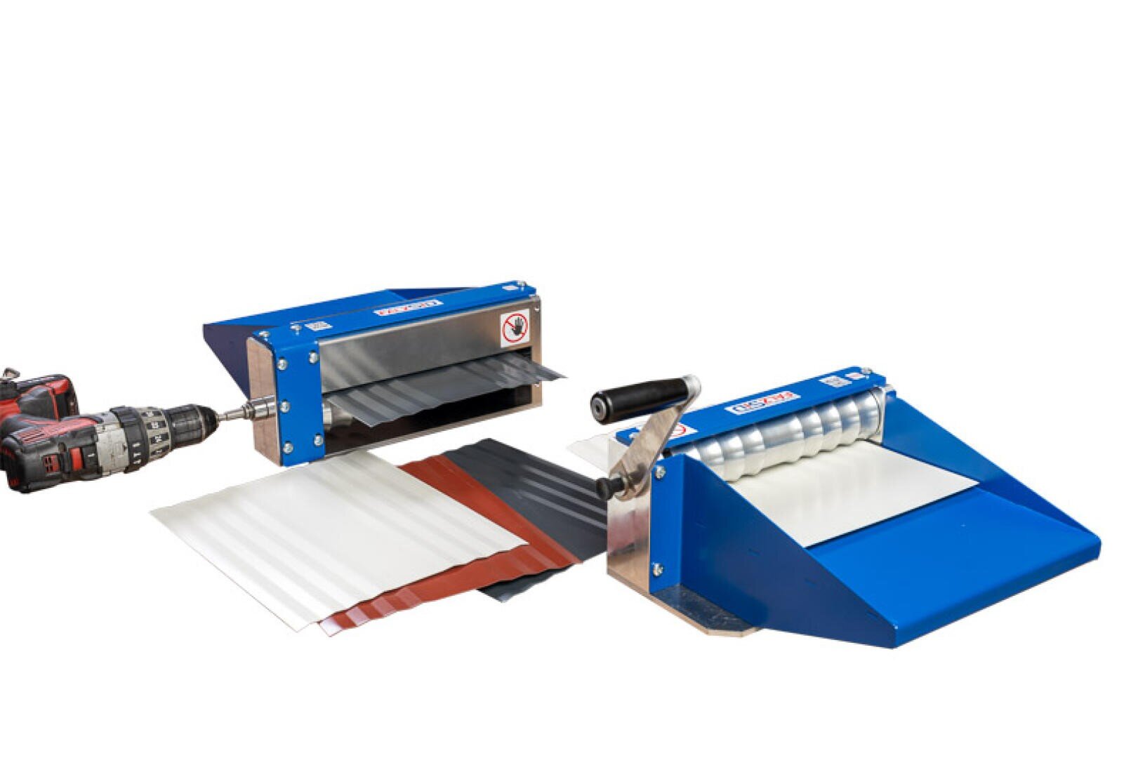 Two blue corrugated sheet metal machines, one with a drill and the other with a handle, are depicted with corrugated and flat sheets in white, red and gray on a white background.