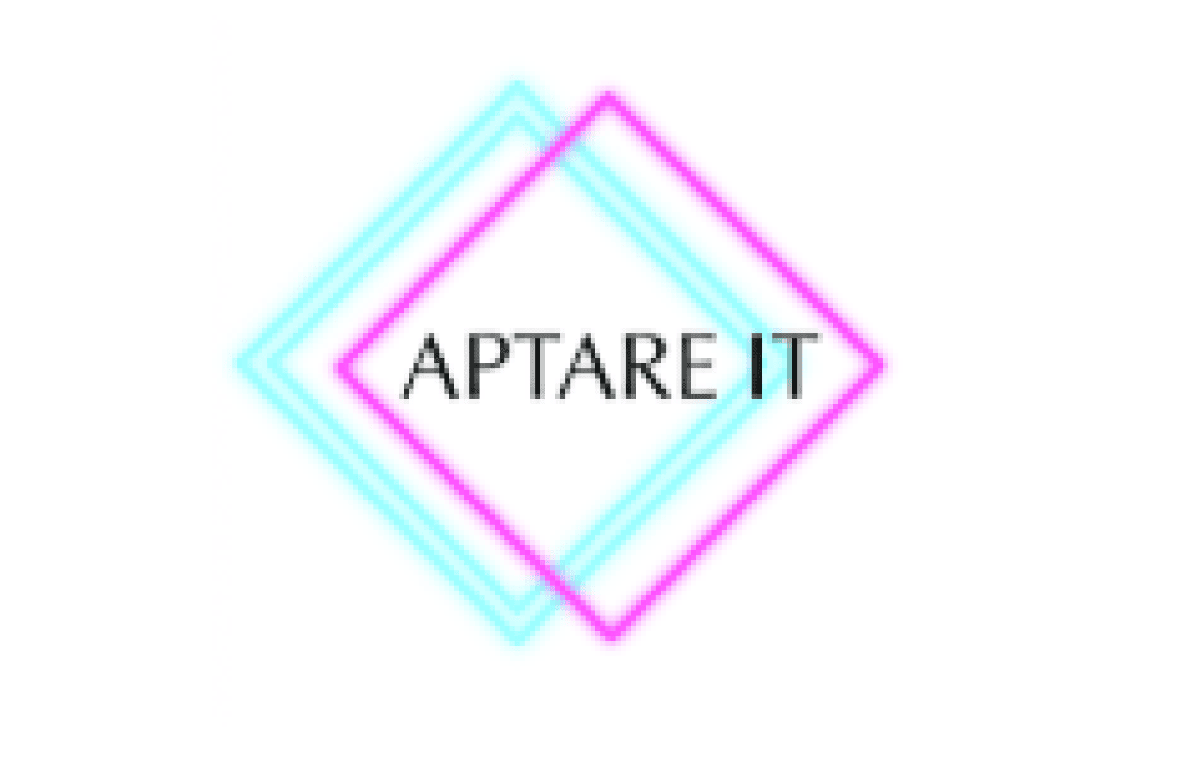Logo mit zwei sich überlappenden Rauten, einer hellblauen und einer rosafarbenen, und dem Text APTARE IT in schwarzen Großbuchstaben in der Mitte auf weißem Hintergrund.