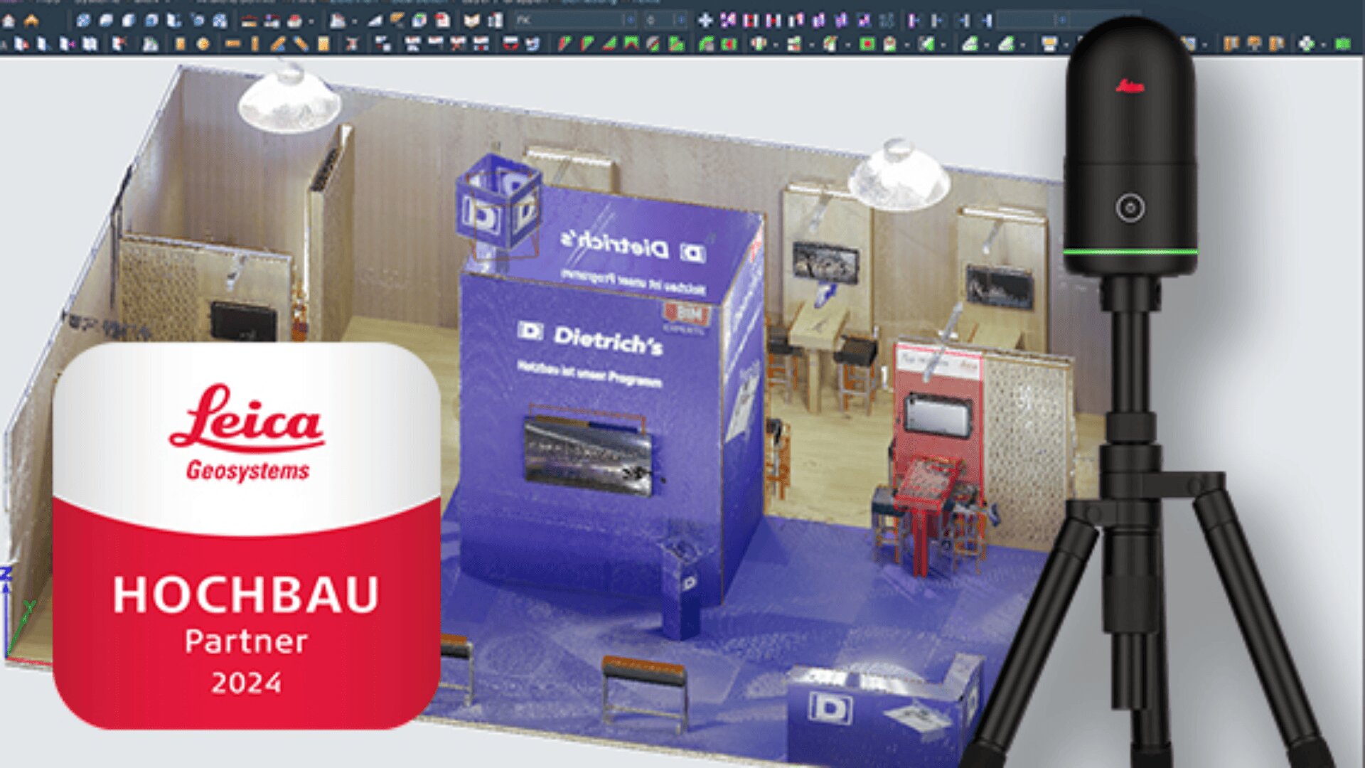 Ein Leica Geosystems-Abzeichen mit der Aufschrift „HOCHBAU Partner 2024“ ist neben einem 3D-gerenderten Messestand und einem Leica-Vermessungsgerät auf einem Stativ zu sehen, im Hintergrund ist die Benutzeroberfläche einer Designsoftware zu sehen.