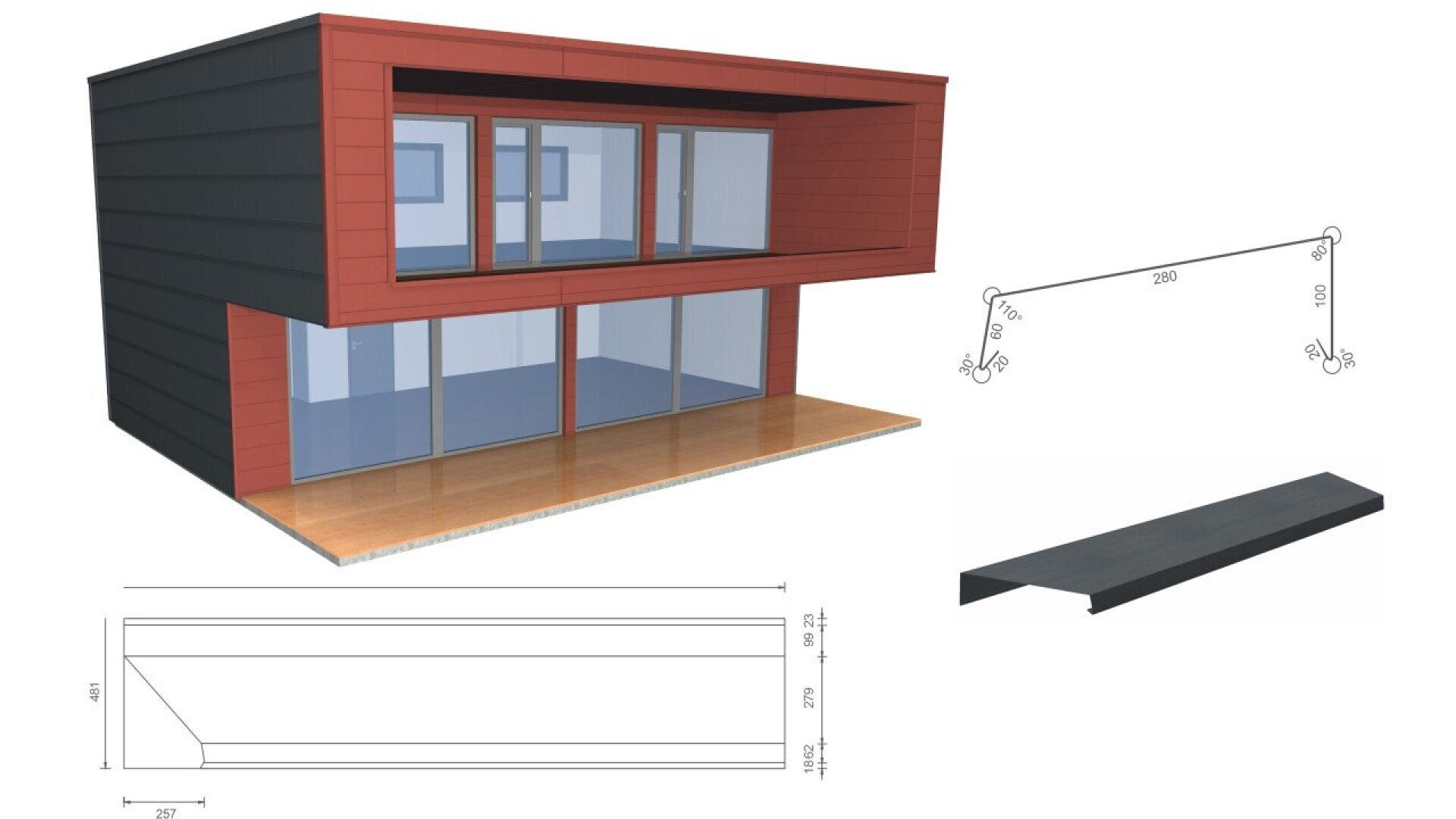3D model of a modern two-story building with large windows, technical diagrams showing dimensions, and a close-up of a dark rectangular exterior panel with measurements.