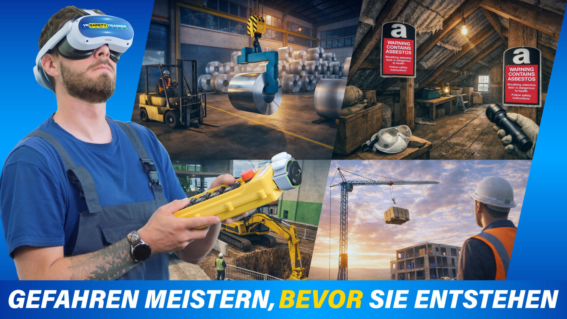 Ein Mann, der eine VR-Brille trägt, bedient eine Fernsteuerung, umgeben von Bildern von Industrie- und Baustellen. Der deutsche Text am unteren Rand lautet: GEFAHREN MEISTERN, BEVOR SIE ENTSTEHEN.