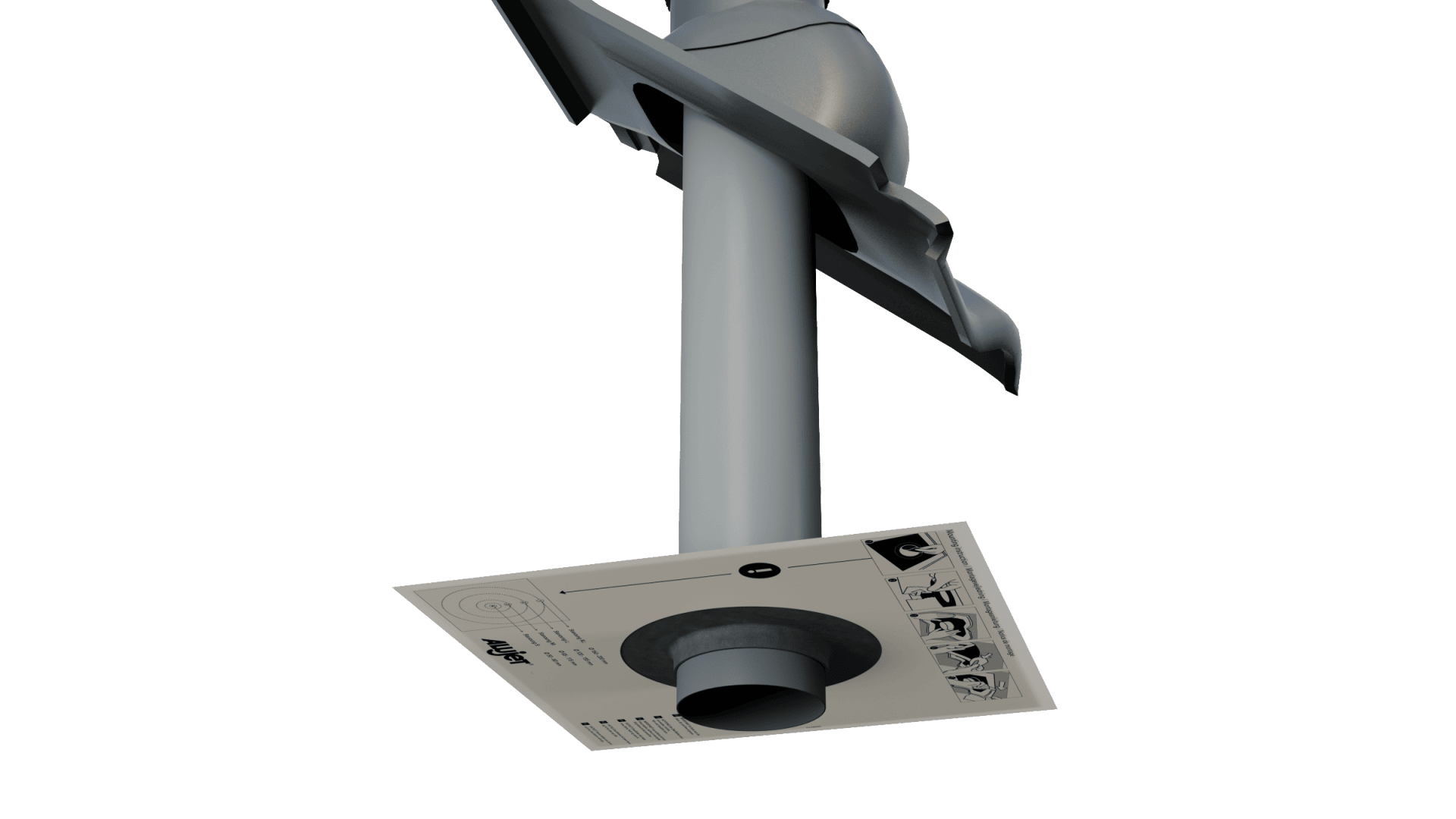 Eine Nahaufnahme eines grauen Entlüftungsrohrs aus Metall, das durch eine Deckenplatte verläuft. Auf der Platte sind angebrachte Anleitungsschilder und Diagramme sichtbar.
