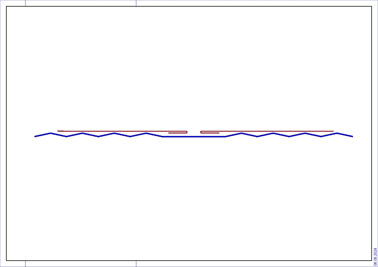 A diagram with a jagged blue line running horizontally near the bottom center and a straight red line with two small gaps above it; both lines extend across the center of a white background.