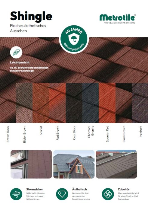 Ein Produktflyer für Metrotile Shingle Bedachungen, der Muster von verschiedenfarbigen Schindeln in Nahaufnahme und auf Häusern zeigt, mit Symbolen, die Sturmfestigkeit, Ästhetik und Zubehör hervorheben. Der Text ist auf Deutsch.