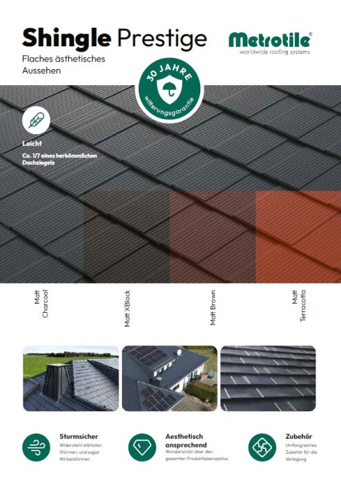 Eine Broschüre für Metrotile Shingle Prestige zeigt vier Dachziegelfarben - Matt Charcoal, Matt Black, Matt Brown und Matt Terracotta - mit Beispielbildern und einer Auflistung der wichtigsten Merkmale am Ende.