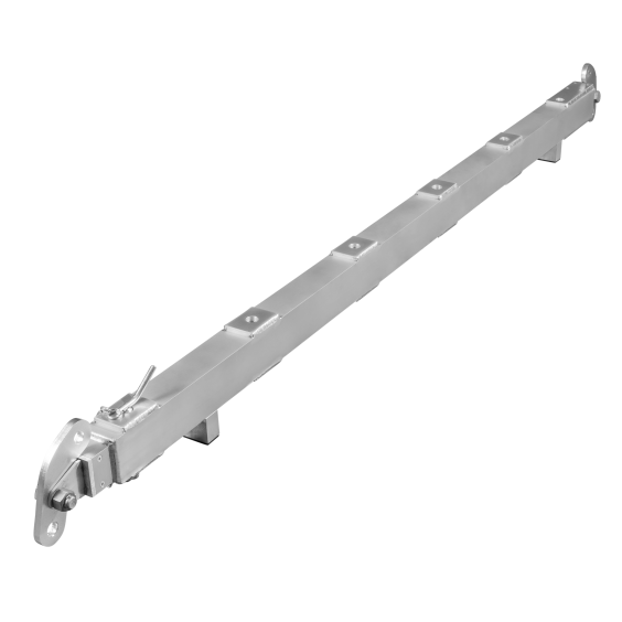 A long, metallic, rectangular bar with several brackets and a hinge mechanism at one end, arranged diagonally on a plain white background.