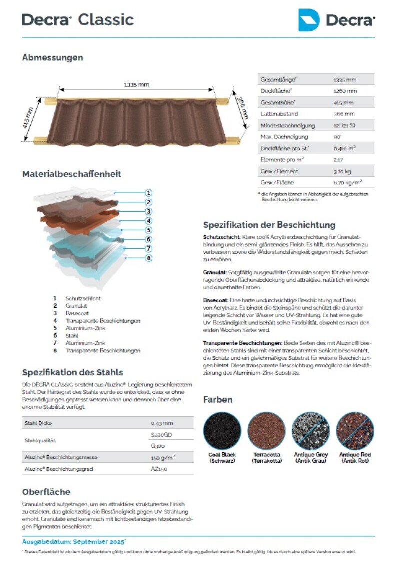 Ein Produktblatt für Decra Classic Bedachungen mit technischen Diagrammen, Materialschichten, Spezifikationen und Farbmustern. Der Text ist in deutscher Sprache und enthält Maße, Beschichtungsdetails und verfügbare Farben.