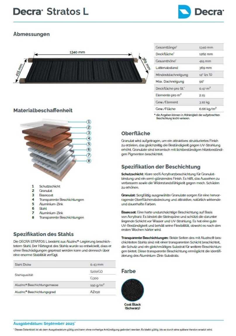 Ein technisches Datenblatt für Decra Stratos L Bedachungen mit einem Diagramm der Dachziegelabmessungen, einem beschrifteten Querschnitt der Materialschichten, technischen Spezifikationen, Eigenschaften und der verfügbaren Farbe (Coal Black).