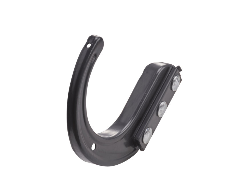 Schwarzer Wandhaken aus Metall mit gebogener Form, zwei Befestigungslöchern und drei silbernen Schrauben auf weißem Grund.