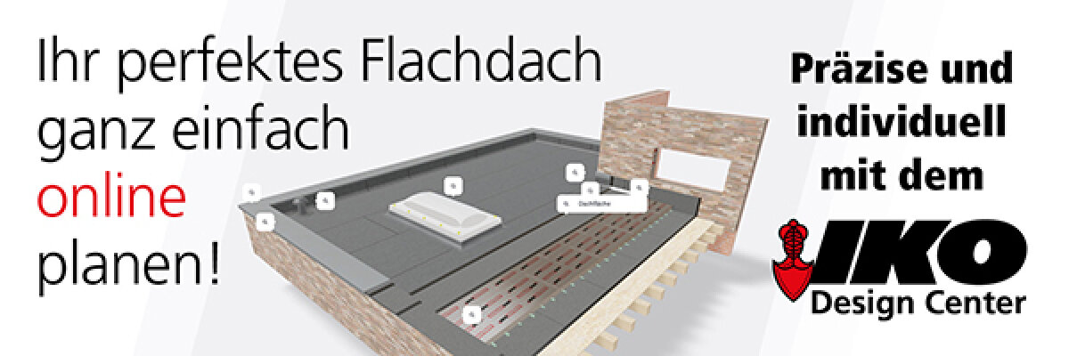 3D-Illustration eines Flachdachmodells mit beschrifteten Teilen, daneben ein deutscher Text, der für die Online-Planung von Flachdächern wirbt, mit dem Logo des IKO Design Centers und dem Satz Ihr perfektes Flachdach ganz einfach online planen!.