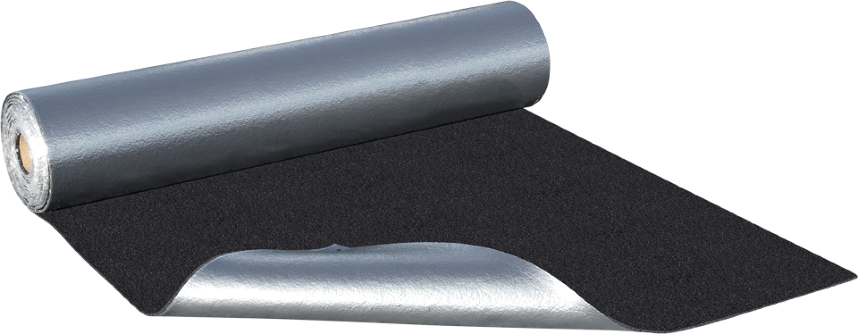 Eine Rolle mit schwarzem und silbernem reflektierendem Isoliermaterial wird teilweise abgerollt, wobei die glänzende silberne Oberfläche auf der einen Seite und die strukturierte schwarze Oberfläche auf der anderen Seite zu sehen ist.
