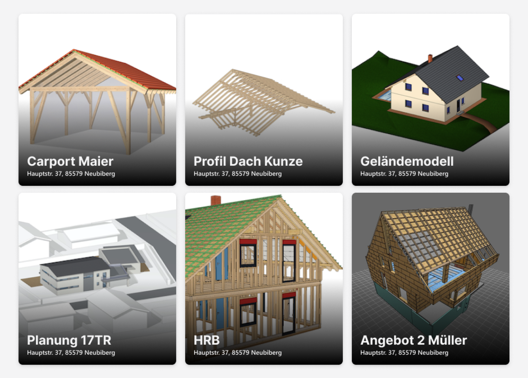 Ein Raster von sechs architektonischen 3D-Modellen, einschließlich Carports, Dachkonstruktionen, Hausrahmen, Lageplänen und Renderings von fertigen Häusern, jedes beschriftet mit dem Projektnamen und der Adresse "Hauptstr. 37, 85579 Neubiberg.".